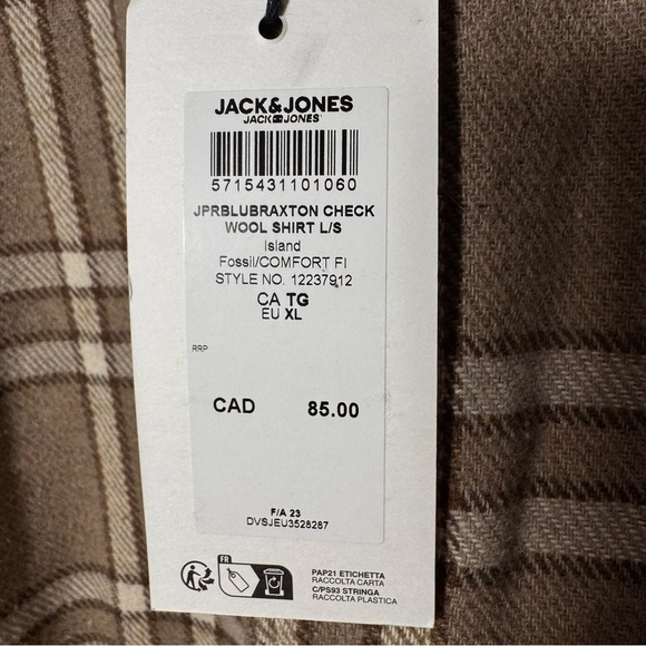 Jack & Jones Plaid Brown Wool Button Down Shirt Size XL NWT  Shacket - Picture 4 of 8